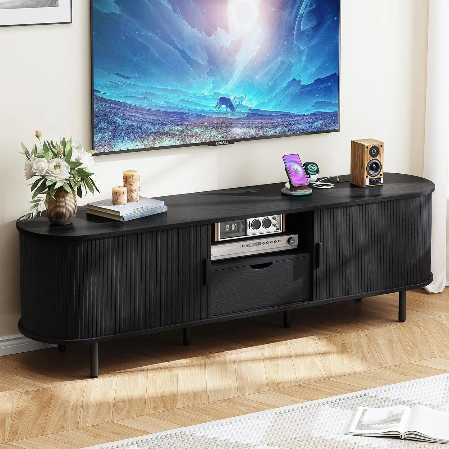 ONBRILL TV Console With Power Outlet And Adjustable Shelves