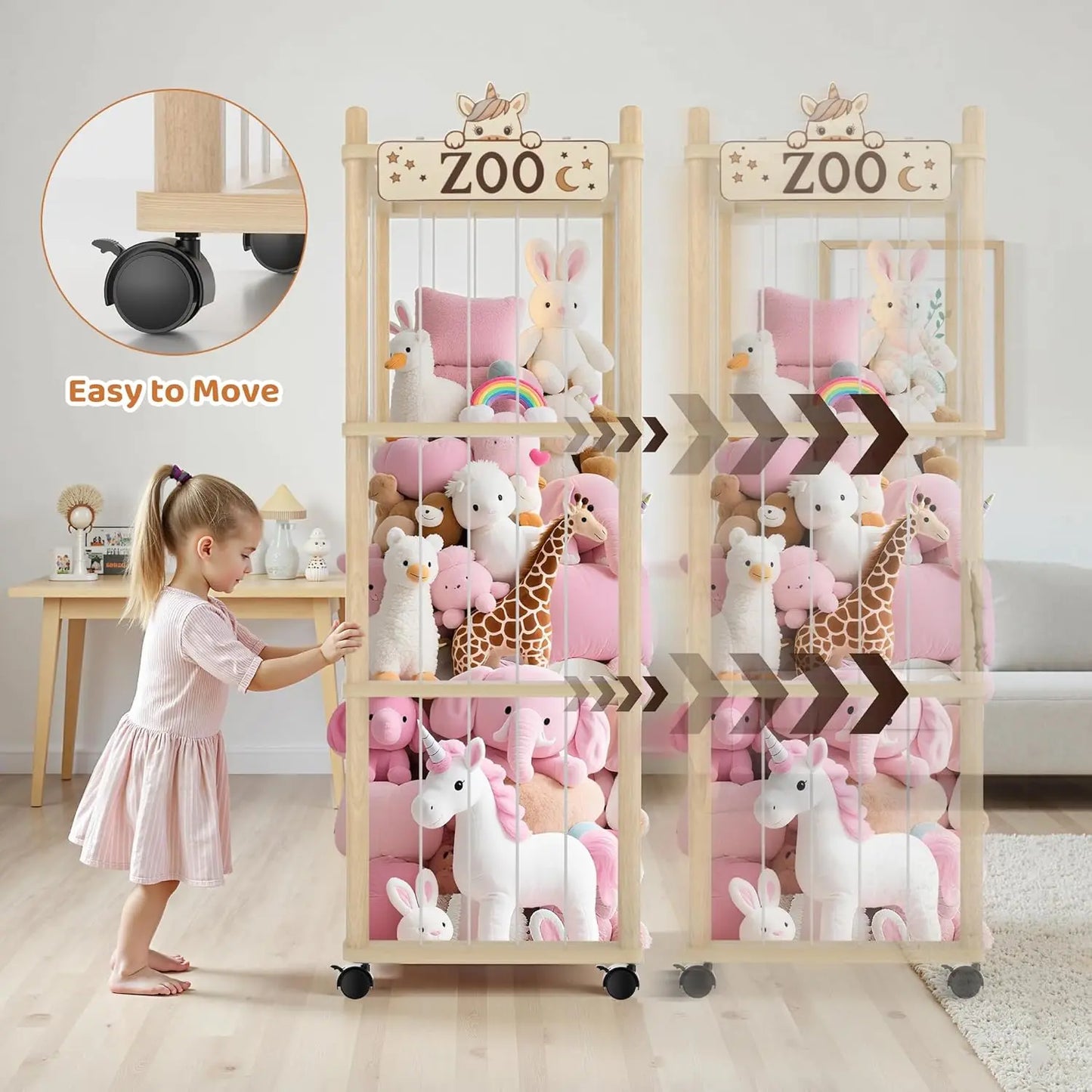 56-Inch Wooden Stuffed Animal Storage Tower with Wheels, Plush Toy Organizer for Playroom Bedroom