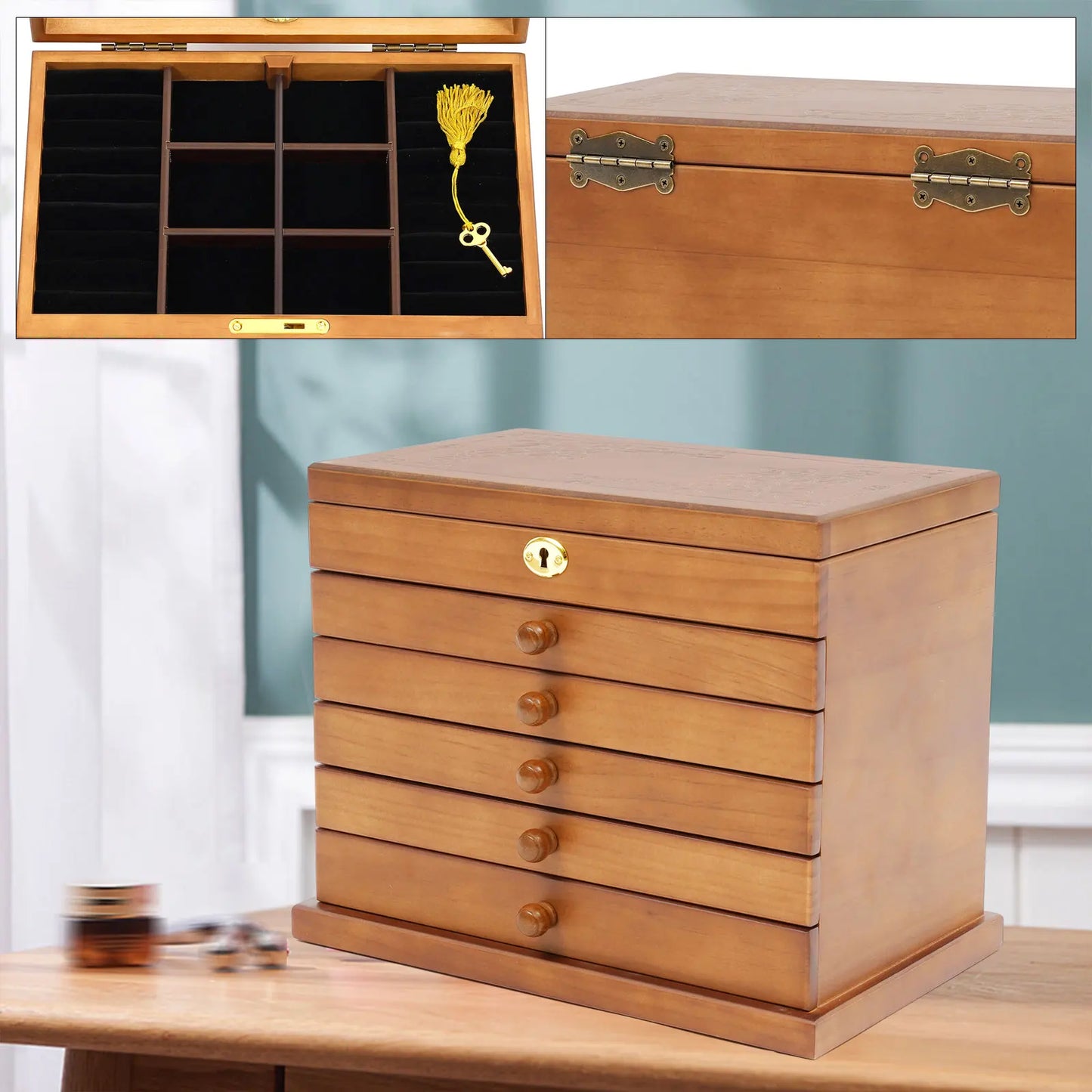 Wooden Jewelry Box With Mirror And Lock Elegant Gift Storage