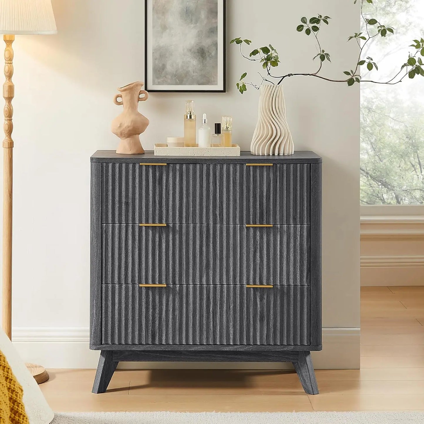 Fluted Six Drawer Dresser With Faux Marble Top