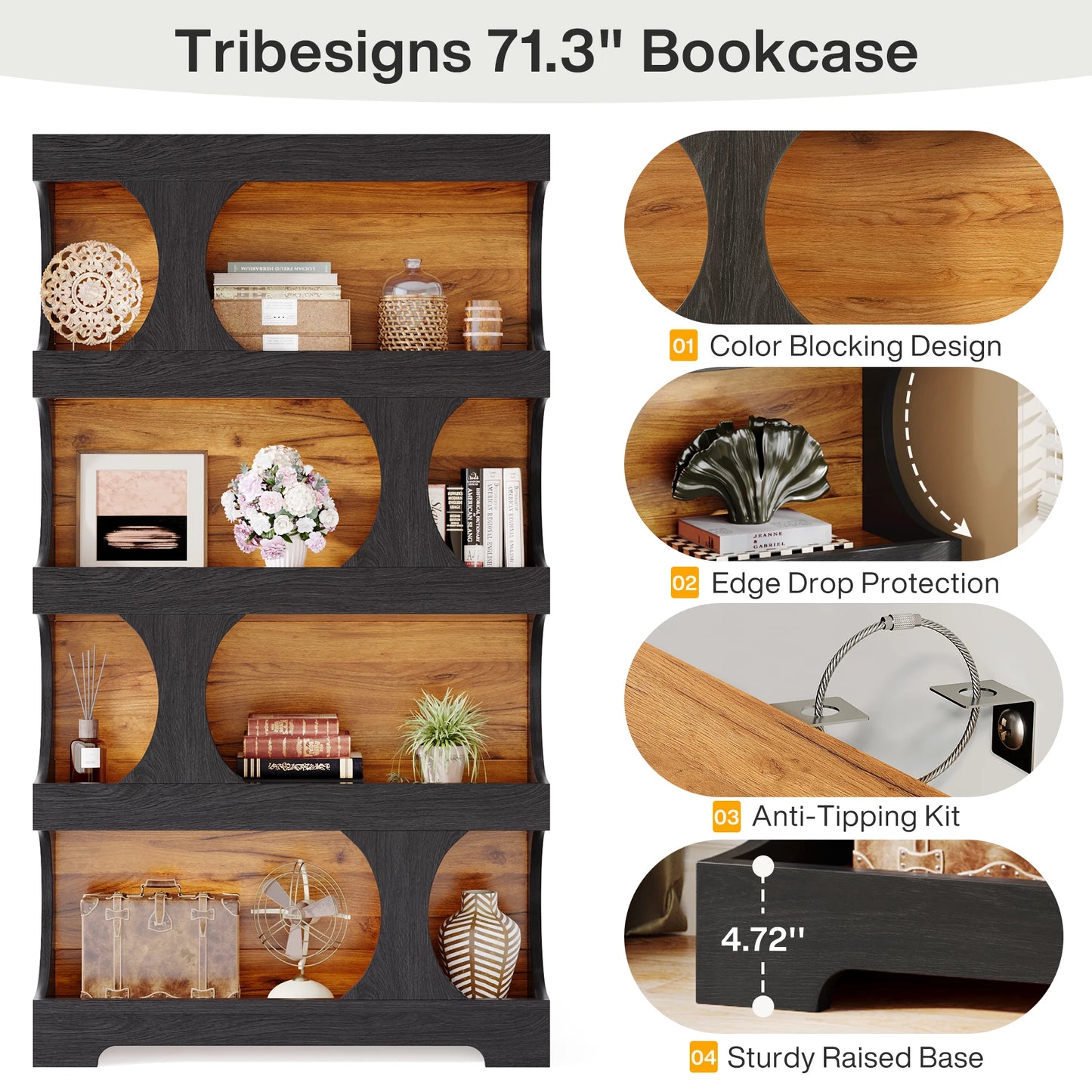 Tribesigns S-Shaped 4-Tier Bookcase Modern Wood Display