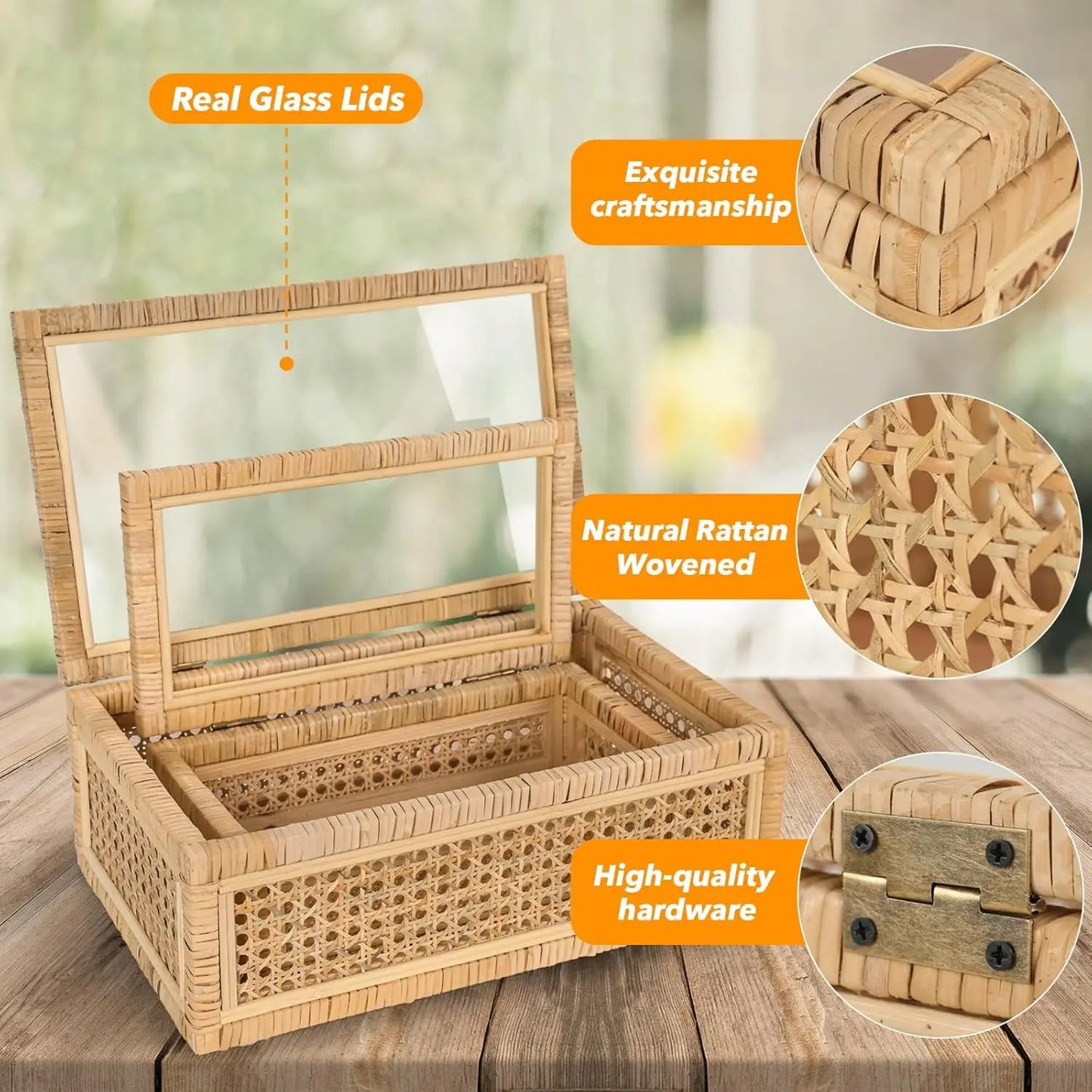 Handwoven Rattan Display Boxes with Glass Lids, Set of 2 Rectangular Storage Bins for Home Decor and Organization