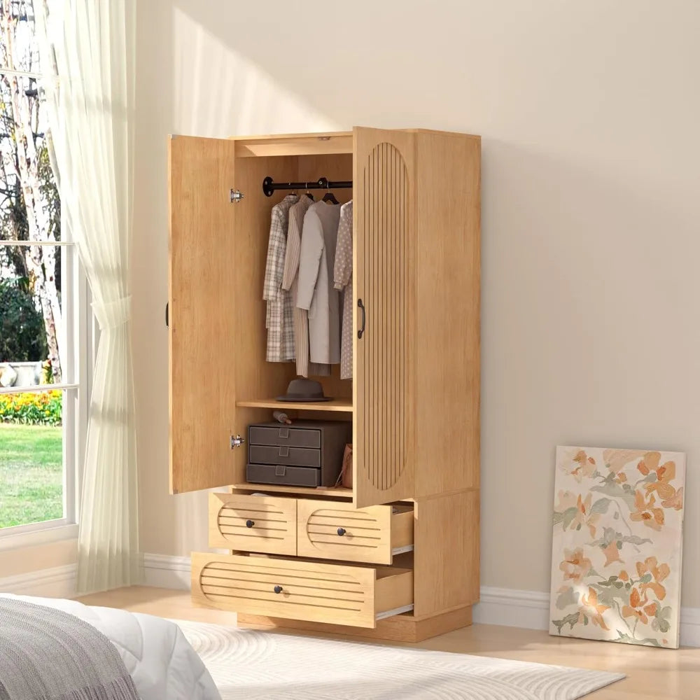 Large Wood Armoire Wardrobe Closet with Doors Fluted Design 3 Drawers Tall Clothing Storage Cabinet for Bedroom ，Customized