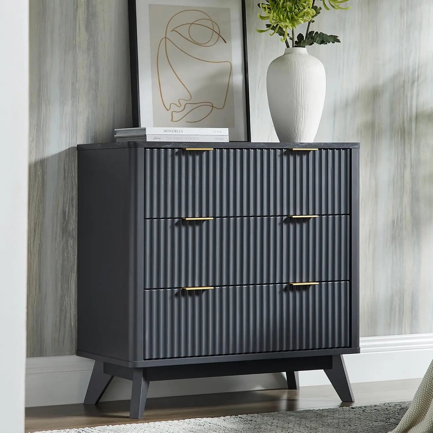 Fluted Six Drawer Dresser With Faux Marble Top