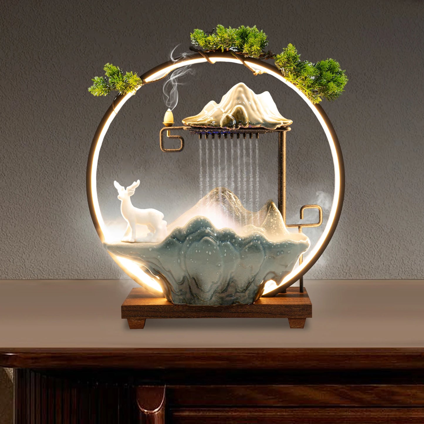 Tabletop Fountain With LED Lights Indoor Rockery Waterfall Office Decor