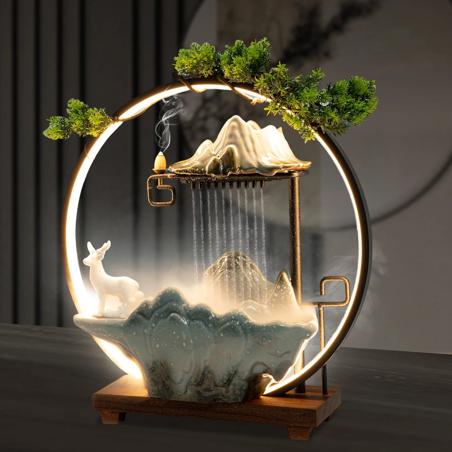 Tabletop Fountain With LED Lights Indoor Rockery Waterfall Office Decor
