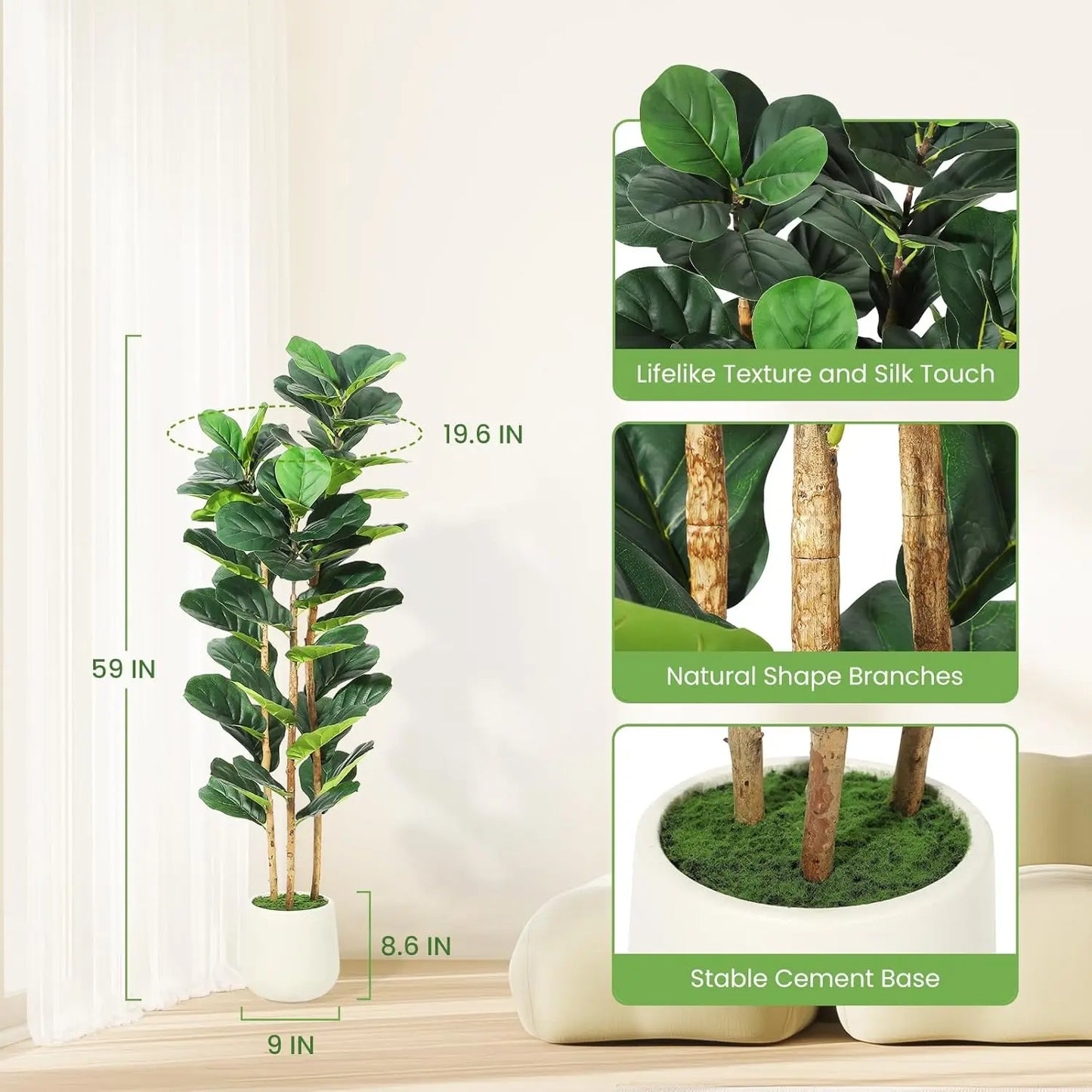 HiMISSCN Fiddle Leaf Fig Tree With Pot Realistic Faux Plant