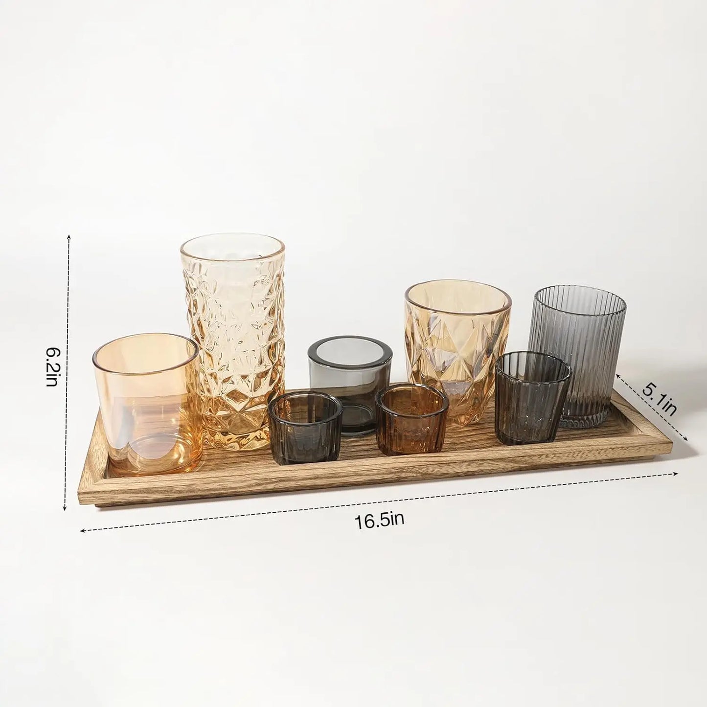Rustic Wooden Tray with 8 Brown Glass Votive Candle Holders, Decorative Set for Mantel and Dining Table