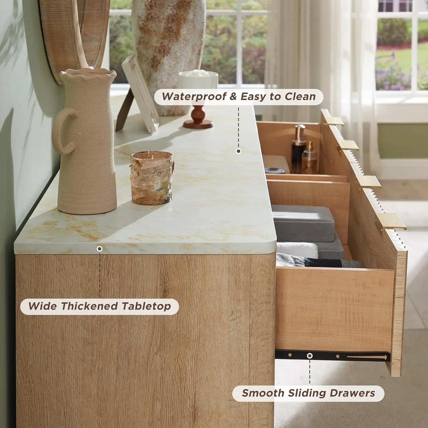 Fluted Six Drawer Dresser With Faux Marble Top