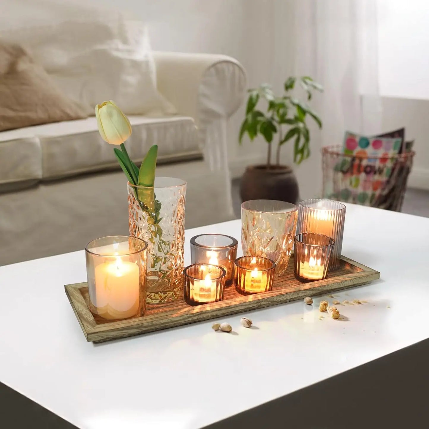 Rustic Wooden Tray with 8 Brown Glass Votive Candle Holders, Decorative Set for Mantel and Dining Table