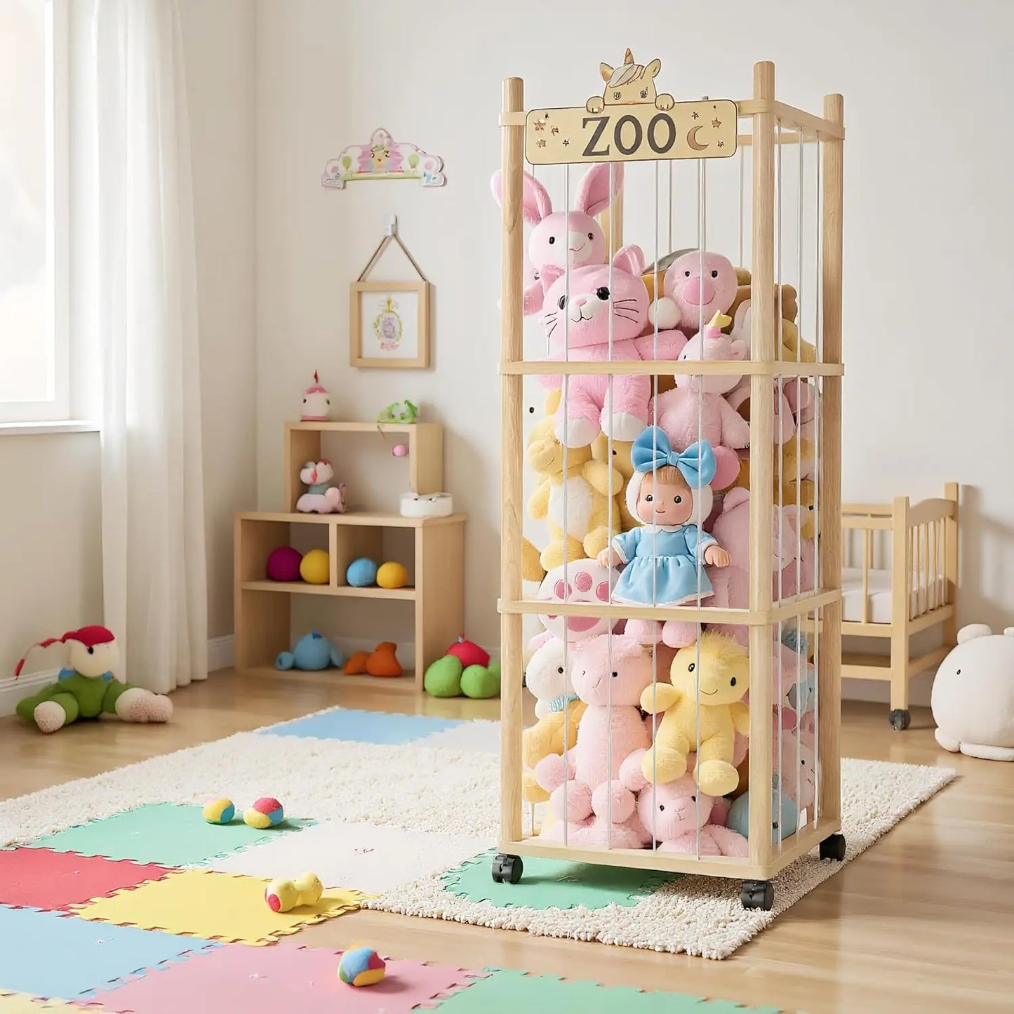 56-Inch Wooden Stuffed Animal Storage Tower with Wheels, Plush Toy Organizer for Playroom Bedroom