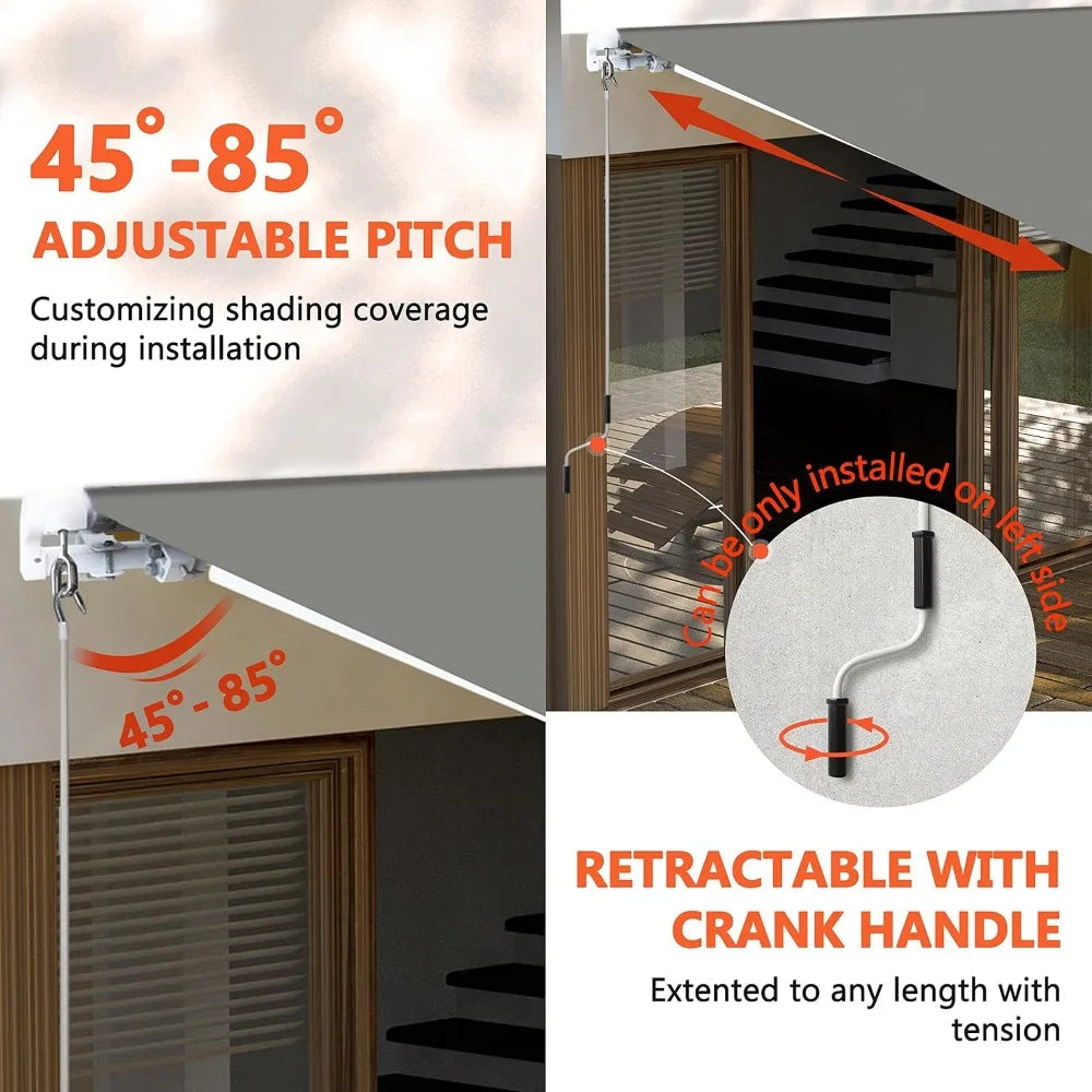 12x10 FT Manual Retractable Outdoor Patio Awning, Window Sun Shade Shelter with Crank Handle & Canopy for Deck, Backyard