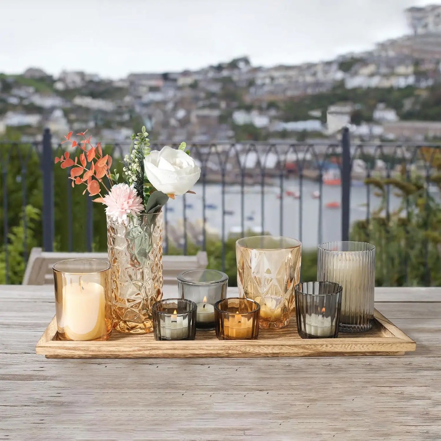 Rustic Wooden Tray with 8 Brown Glass Votive Candle Holders, Decorative Set for Mantel and Dining Table