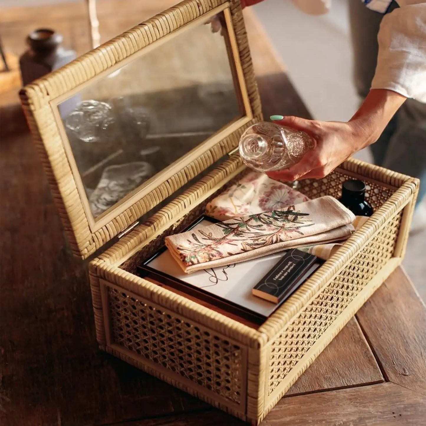 Handwoven Rattan Display Boxes with Glass Lids, Set of 2 Rectangular Storage Bins for Home Decor and Organization
