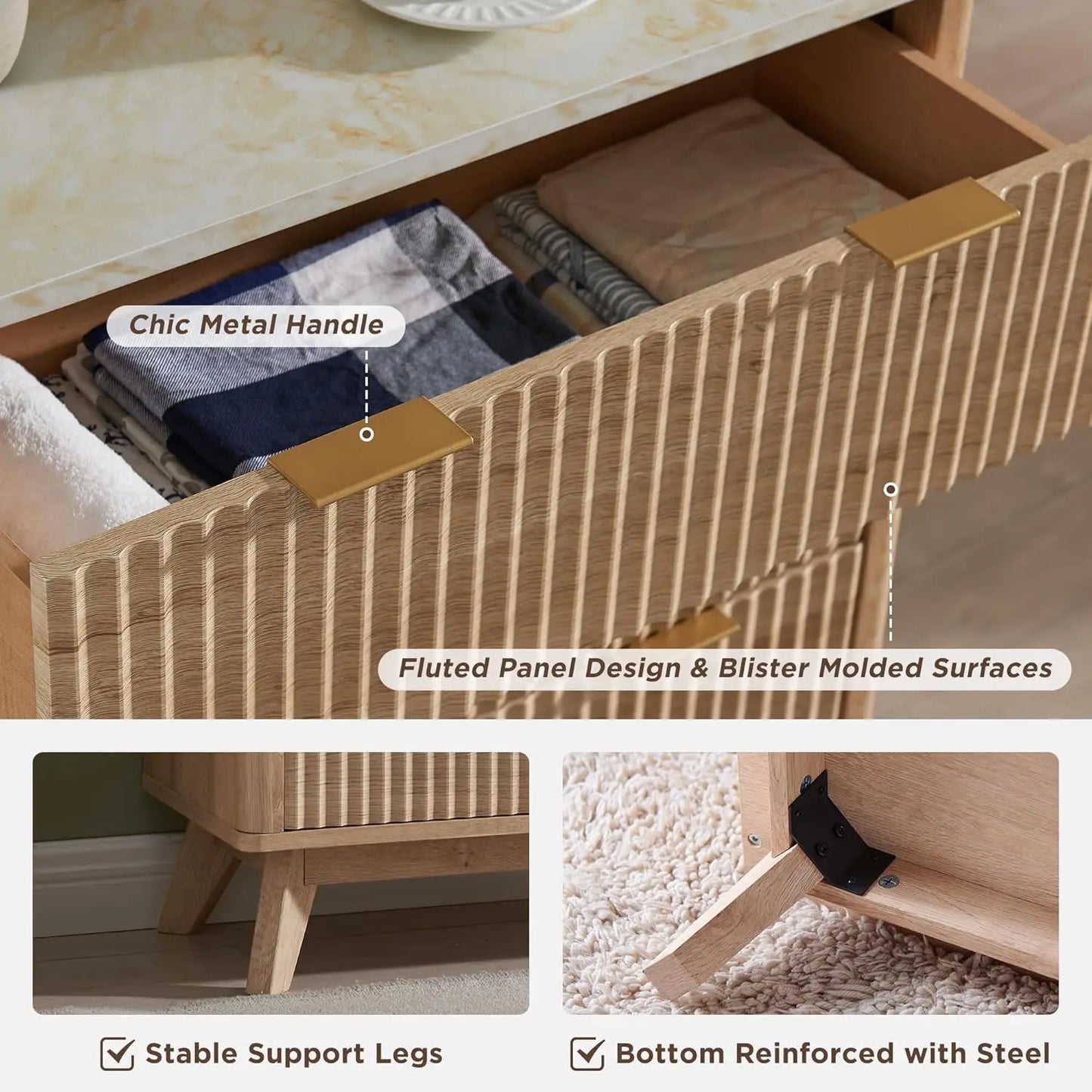 Fluted Six Drawer Dresser With Faux Marble Top
