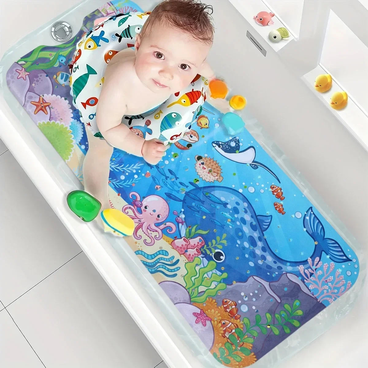1pc Cartoon Extra Long Bathtub Mat 40x100cm Non Slip Bath Mat for Bathroom Tubs Shower Mats with Suction Cups & Drain Holes