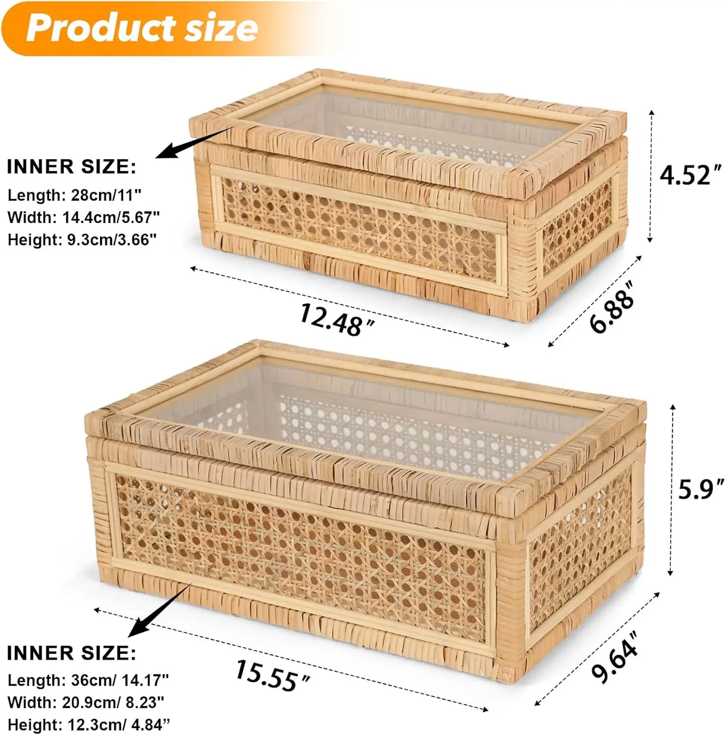 Handwoven Rattan Display Boxes with Glass Lids, Set of 2 Rectangular Storage Bins for Home Decor and Organization