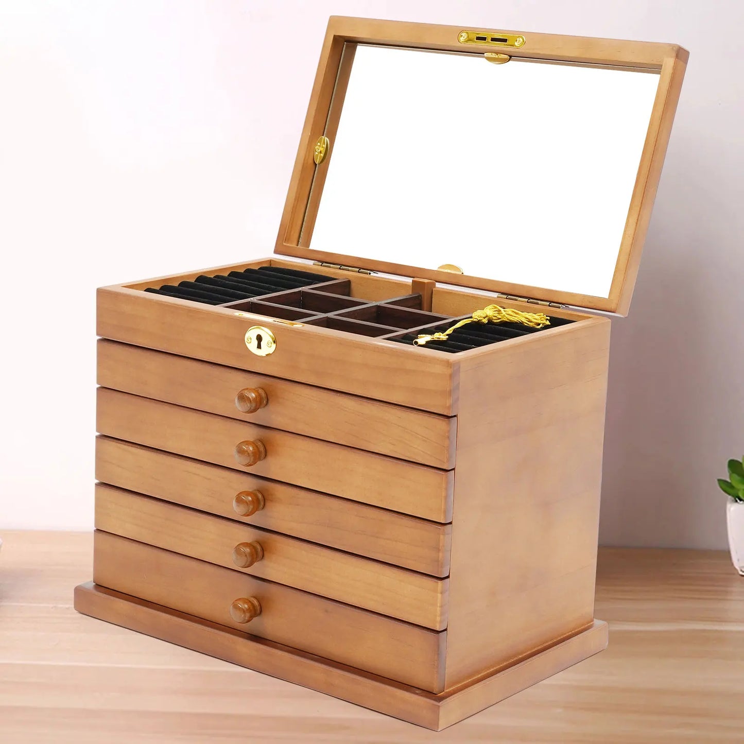 Wooden Jewelry Box With Mirror And Lock Elegant Gift Storage