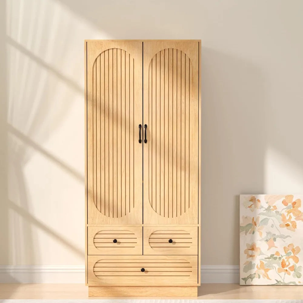 Large Wood Armoire Wardrobe Closet with Doors Fluted Design 3 Drawers Tall Clothing Storage Cabinet for Bedroom ，Customized