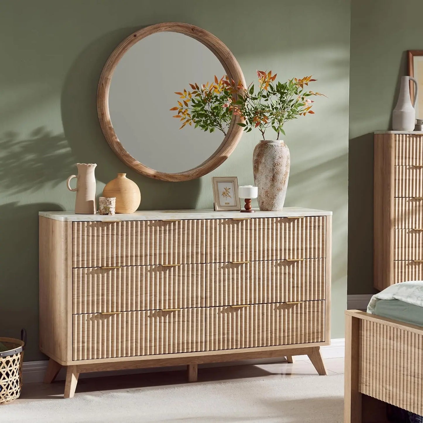 Fluted Six Drawer Dresser With Faux Marble Top
