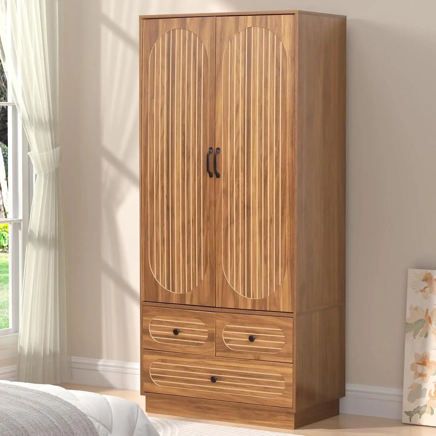 Large Wood Armoire Wardrobe Closet with Doors Fluted Design 3 Drawers Tall Clothing Storage Cabinet for Bedroom ，Customized