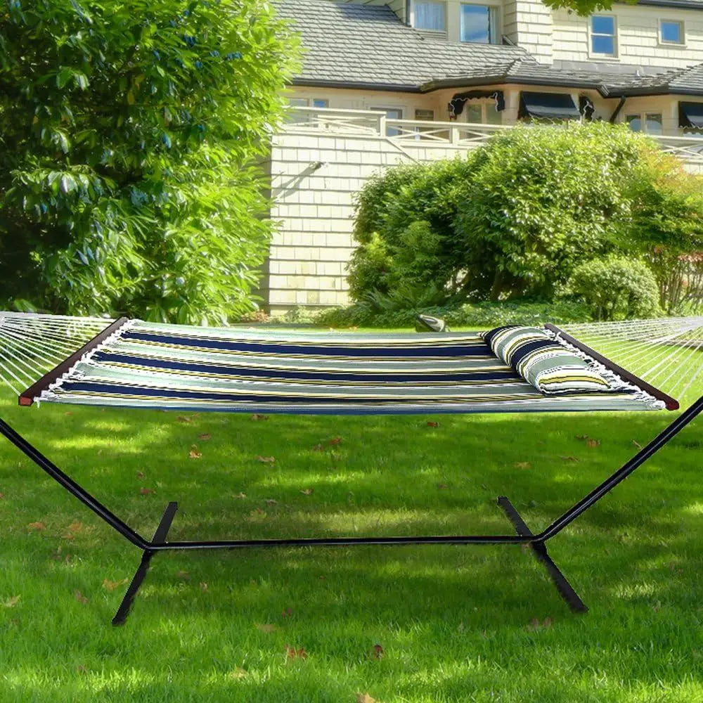 Premium 53 Cotton Hammock with Stand - 2-Person, Pillow & Spreader Bars - Portable Outdoor Patio Camping - Washable, 450lbs