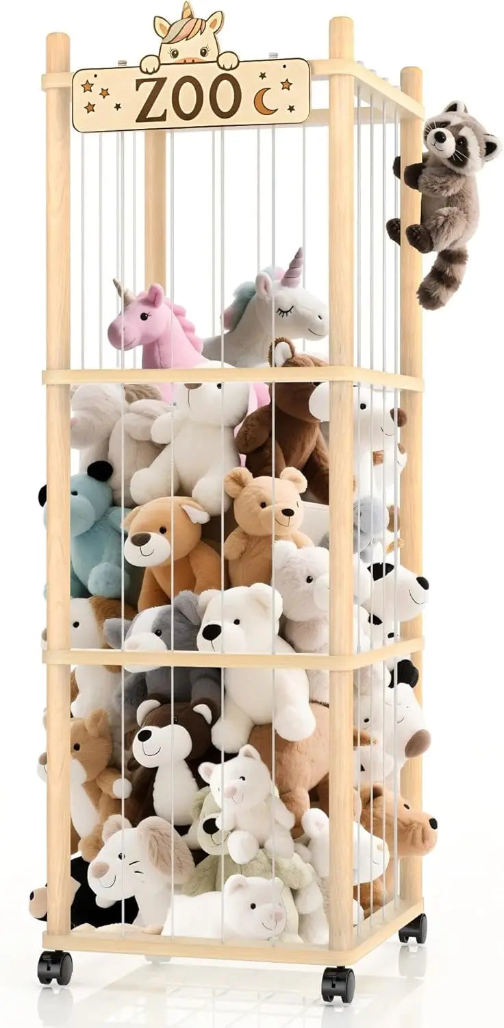 56-Inch Wooden Stuffed Animal Storage Tower with Wheels, Plush Toy Organizer for Playroom Bedroom