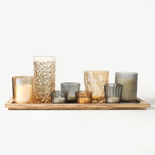 Rustic Wooden Tray with 8 Brown Glass Votive Candle Holders, Decorative Set for Mantel and Dining Table