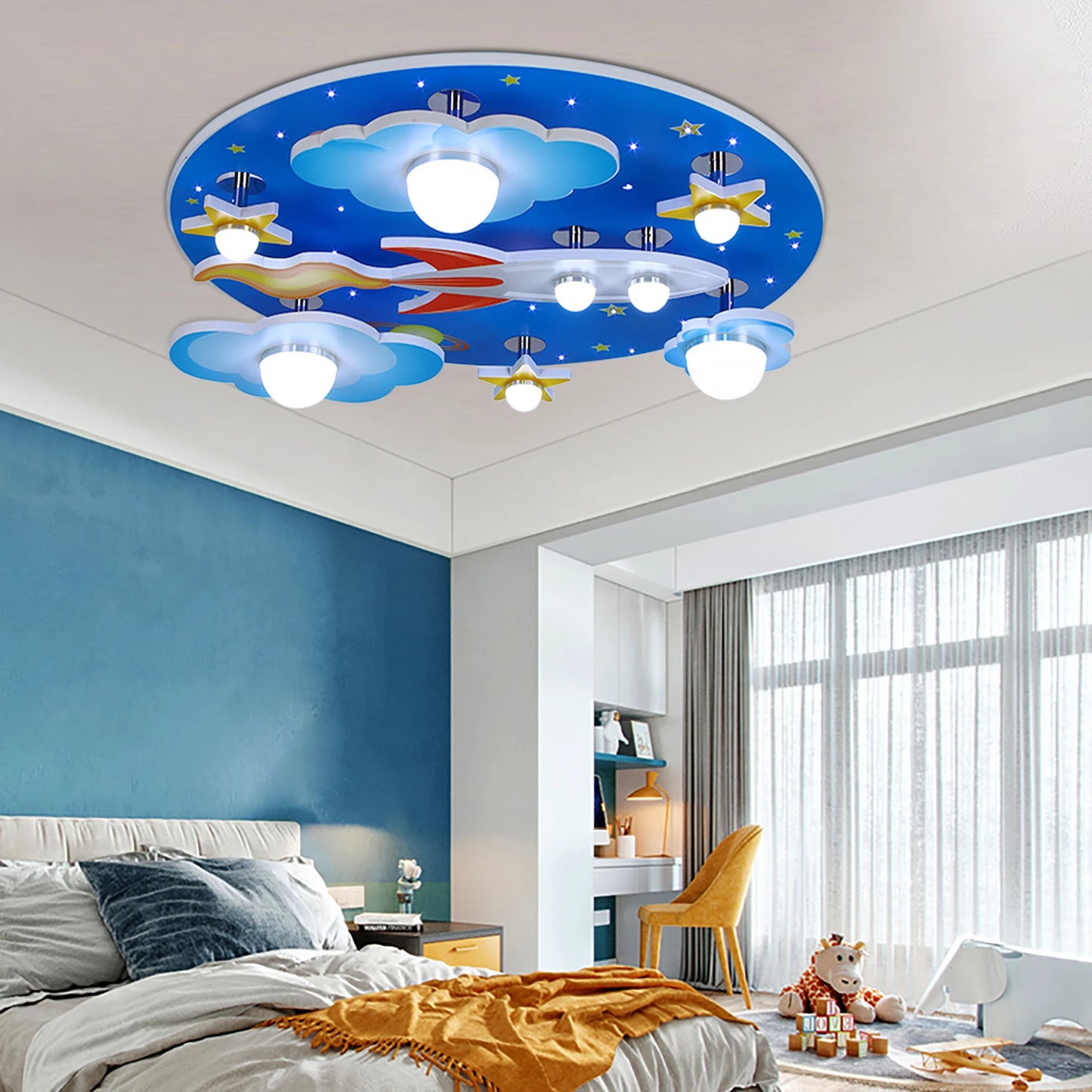 Wood LED Ceiling Light Dimmable Cosmic Stars Kids Room Fixture