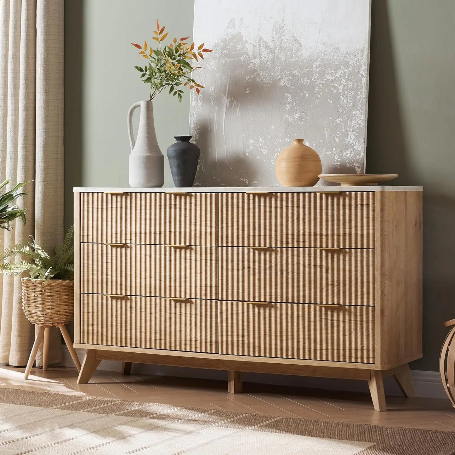 Fluted Six Drawer Dresser With Faux Marble Top