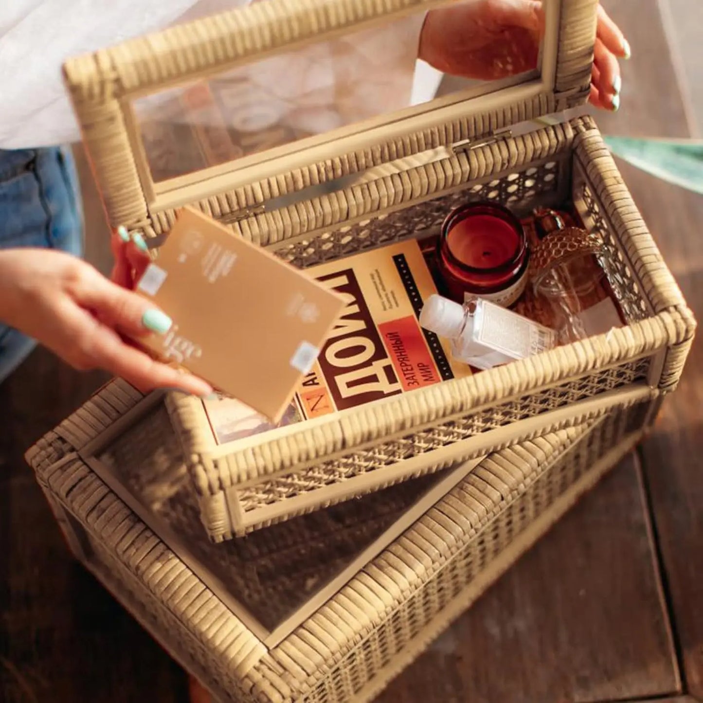 Handwoven Rattan Display Boxes with Glass Lids, Set of 2 Rectangular Storage Bins for Home Decor and Organization