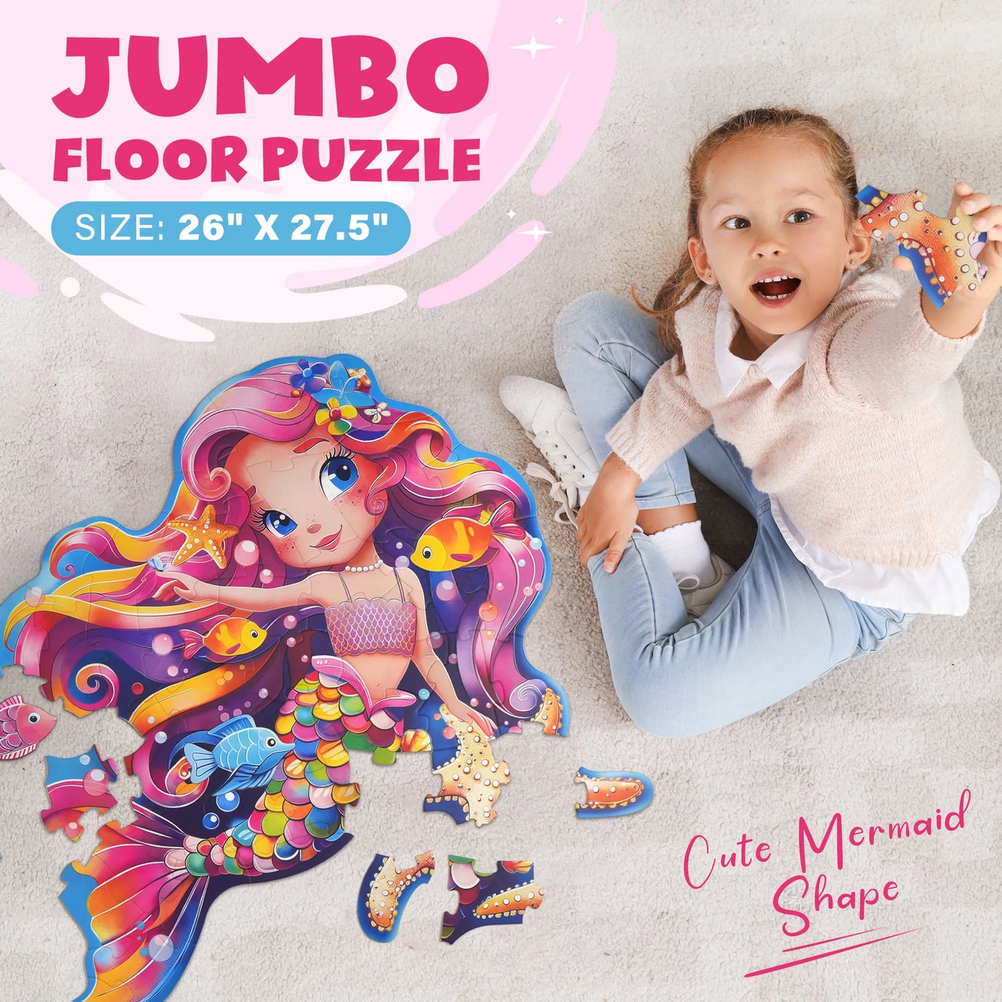 Floor Puzzles for Kids Toddlers Ages 4-6, 52 Piece Mermaid Puzzle, Mermaid Toys, Christmas Birthday Gift for Girls Boys