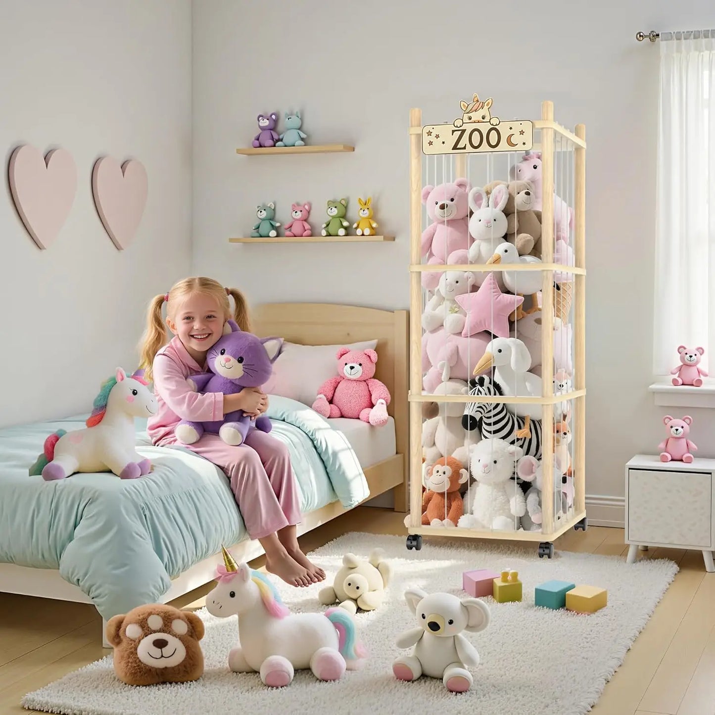 56-Inch Wooden Stuffed Animal Storage Tower with Wheels, Plush Toy Organizer for Playroom Bedroom