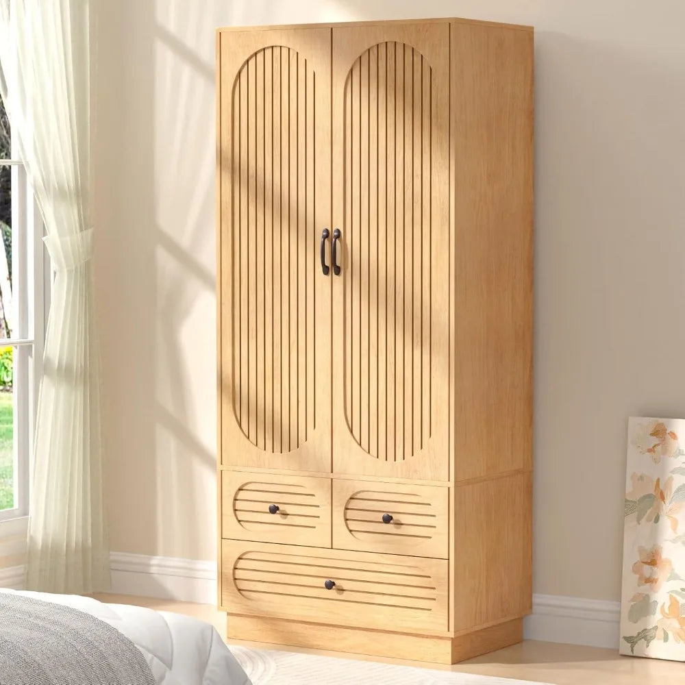 Large Wood Armoire Wardrobe Closet with Doors Fluted Design 3 Drawers Tall Clothing Storage Cabinet for Bedroom ，Customized
