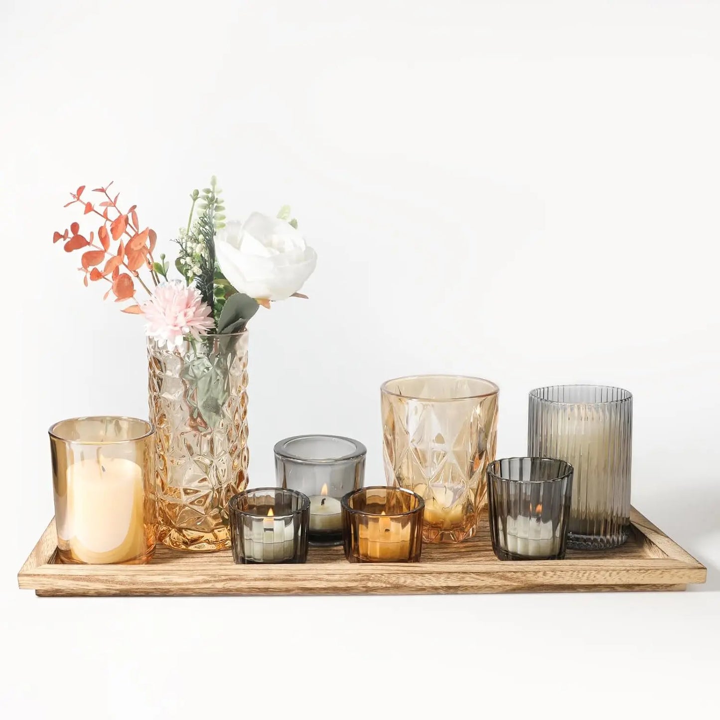 Rustic Wooden Tray with 8 Brown Glass Votive Candle Holders, Decorative Set for Mantel and Dining Table