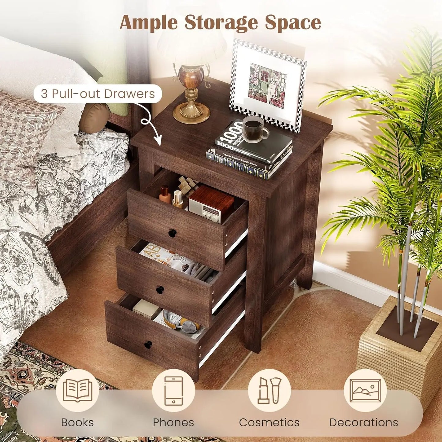 Set Of 2 Wood Nightstands With 3 Drawers And Storage