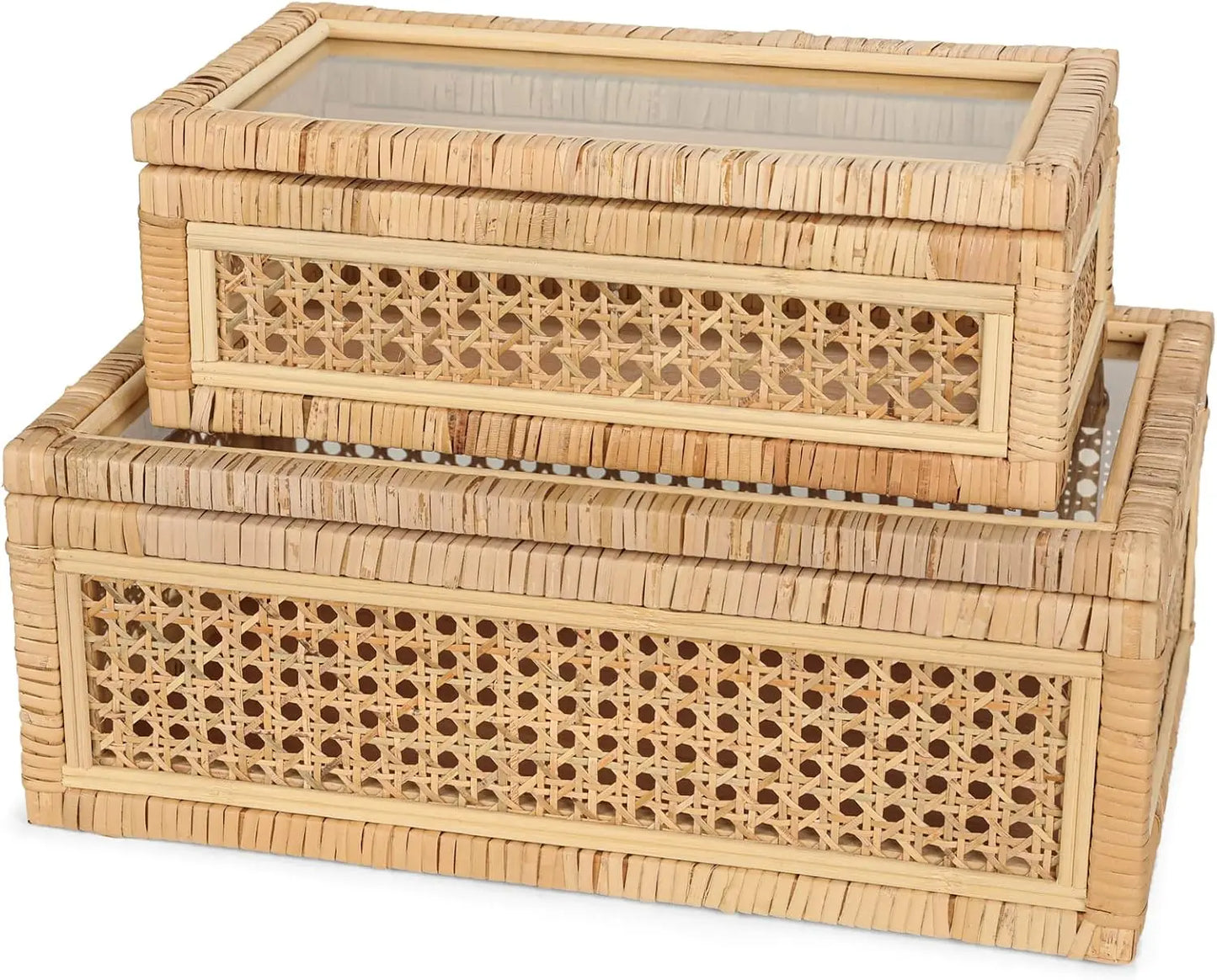 Handwoven Rattan Display Boxes with Glass Lids, Set of 2 Rectangular Storage Bins for Home Decor and Organization