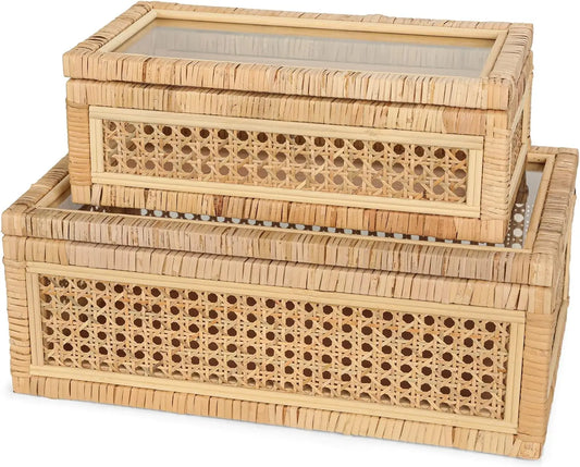 Handwoven Rattan Display Boxes with Glass Lids, Set of 2 Rectangular Storage Bins for Home Decor and Organization