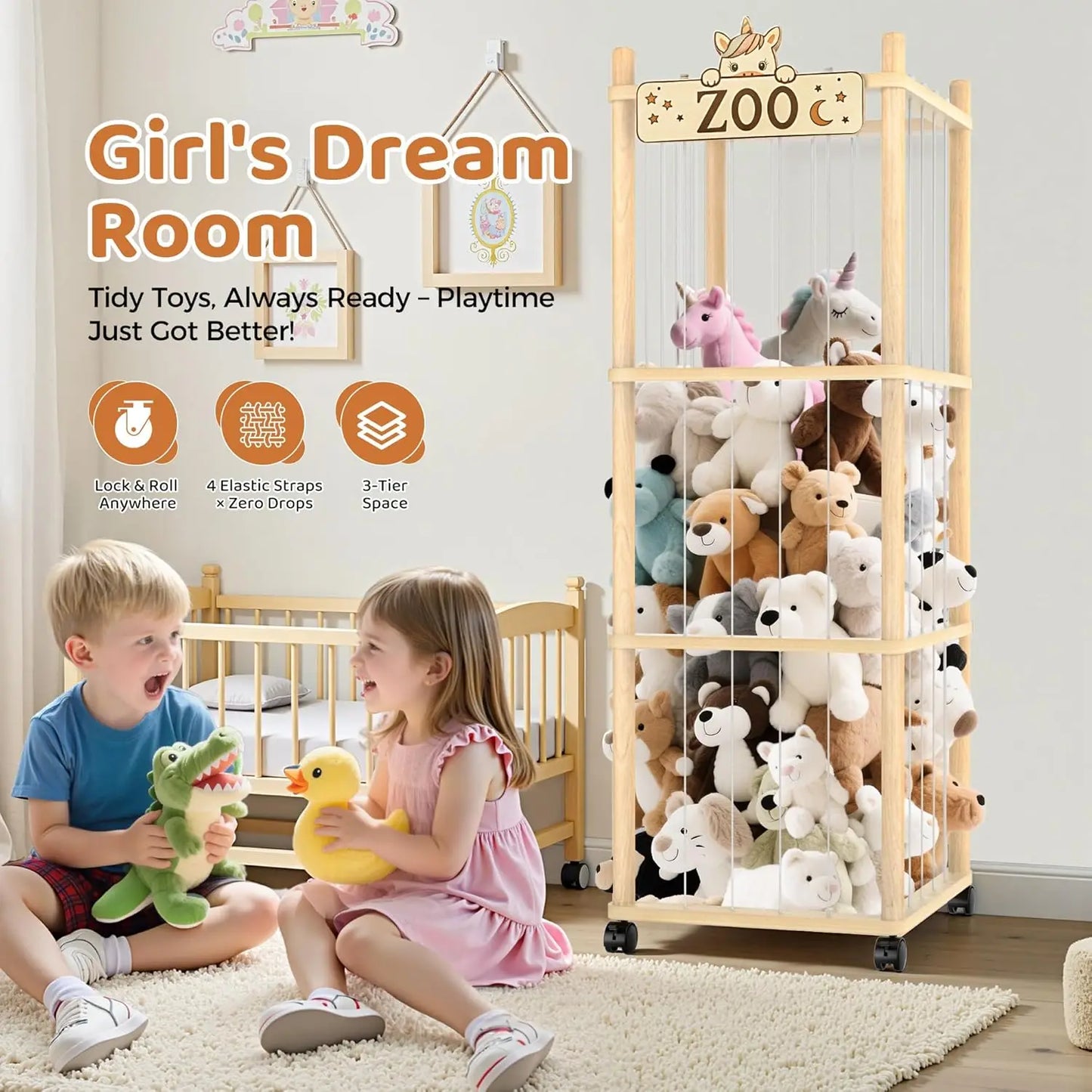 56-Inch Wooden Stuffed Animal Storage Tower with Wheels, Plush Toy Organizer for Playroom Bedroom