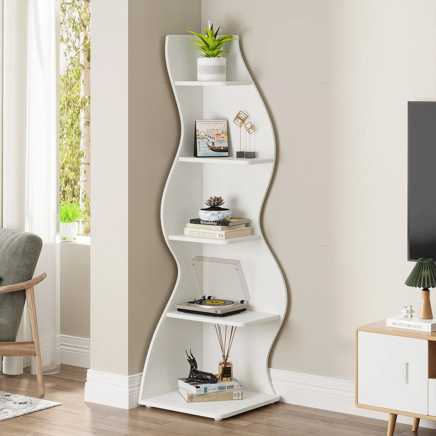 Tribesigns Corner Shelf 5 Tier Wall Bookshelf and Plant Stand