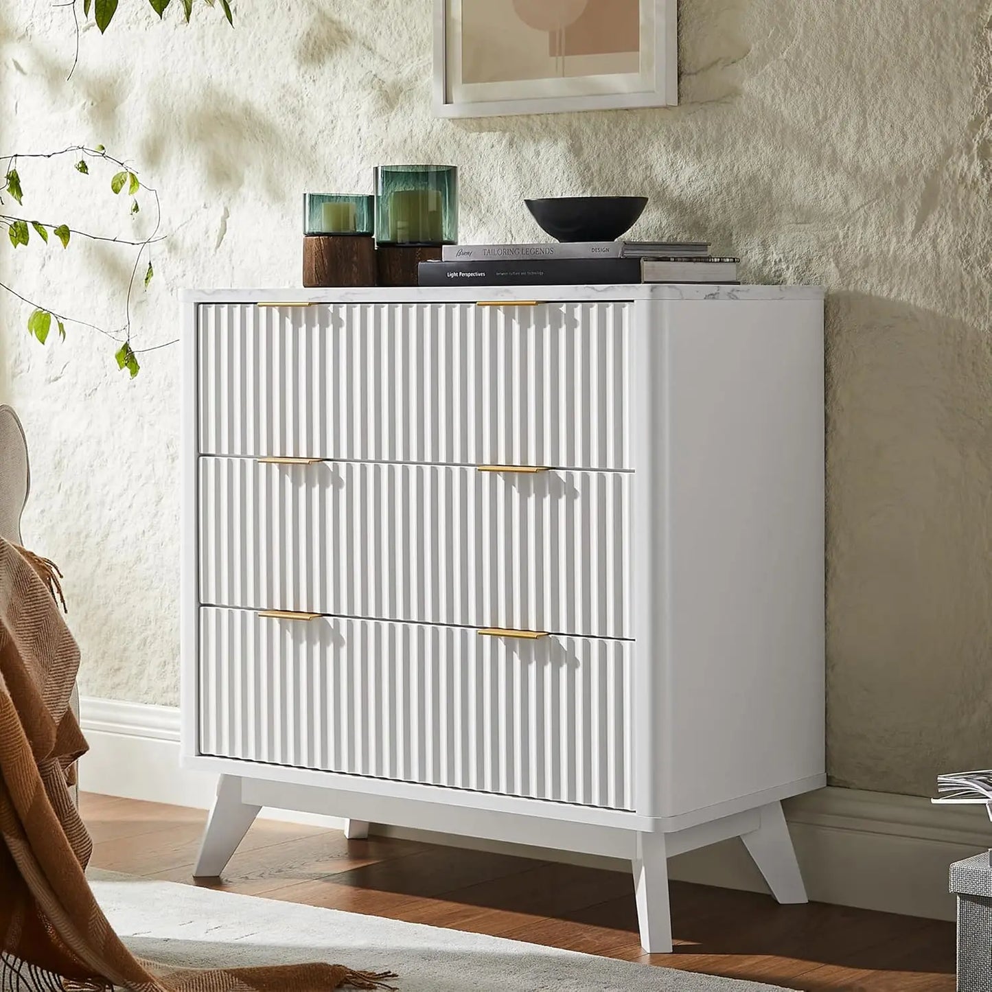 Fluted Six Drawer Dresser With Faux Marble Top