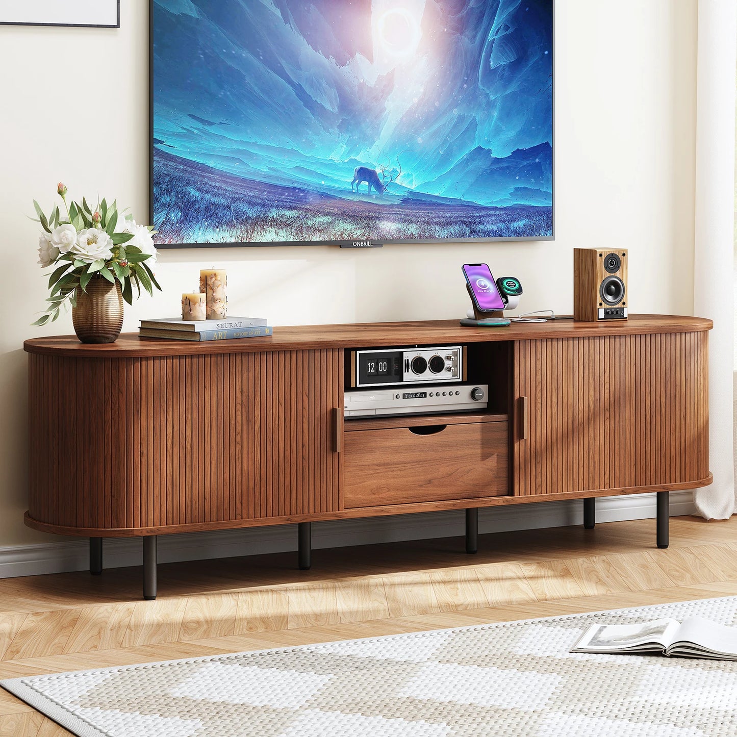 ONBRILL TV Console With Power Outlet And Adjustable Shelves