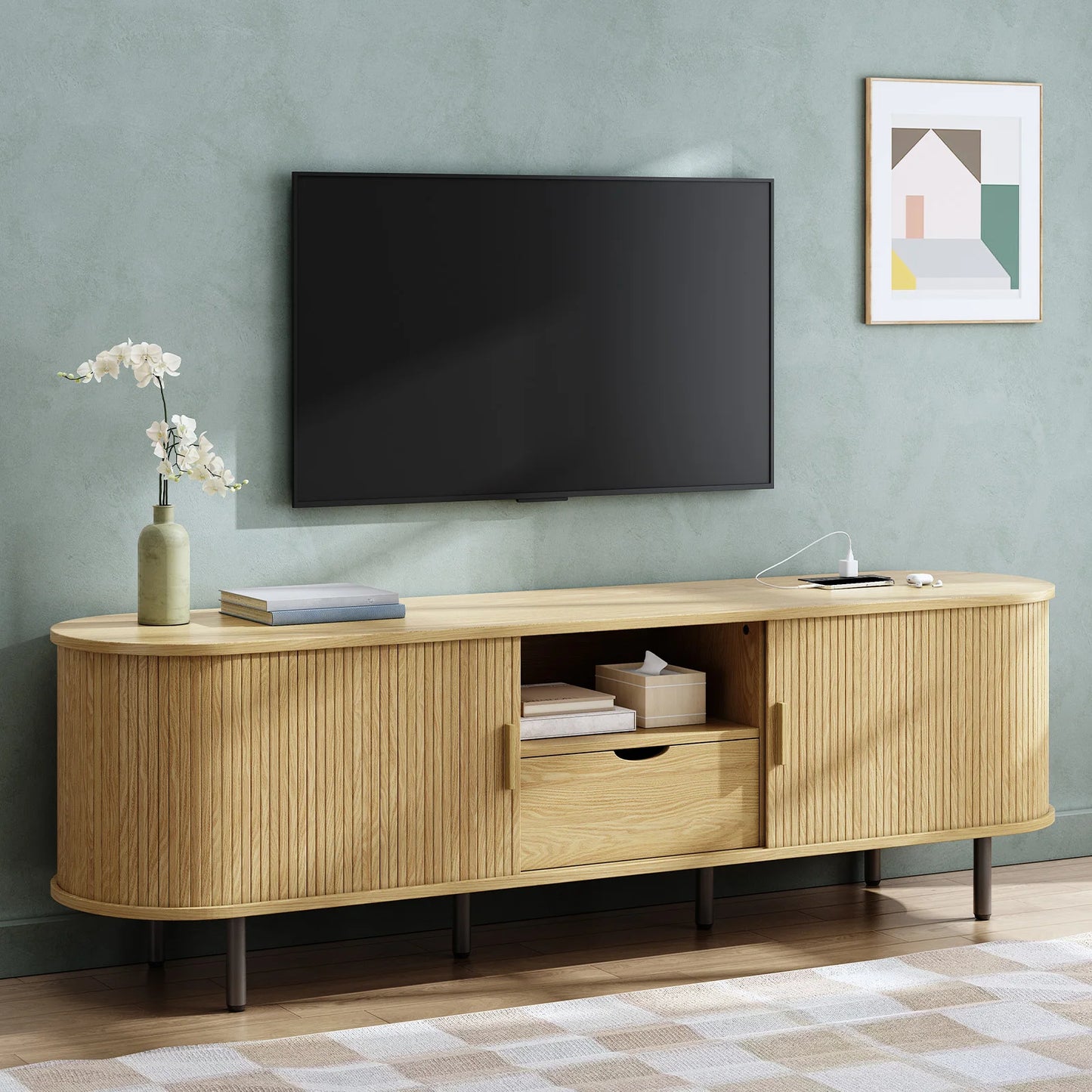 ONBRILL TV Console With Power Outlet And Adjustable Shelves