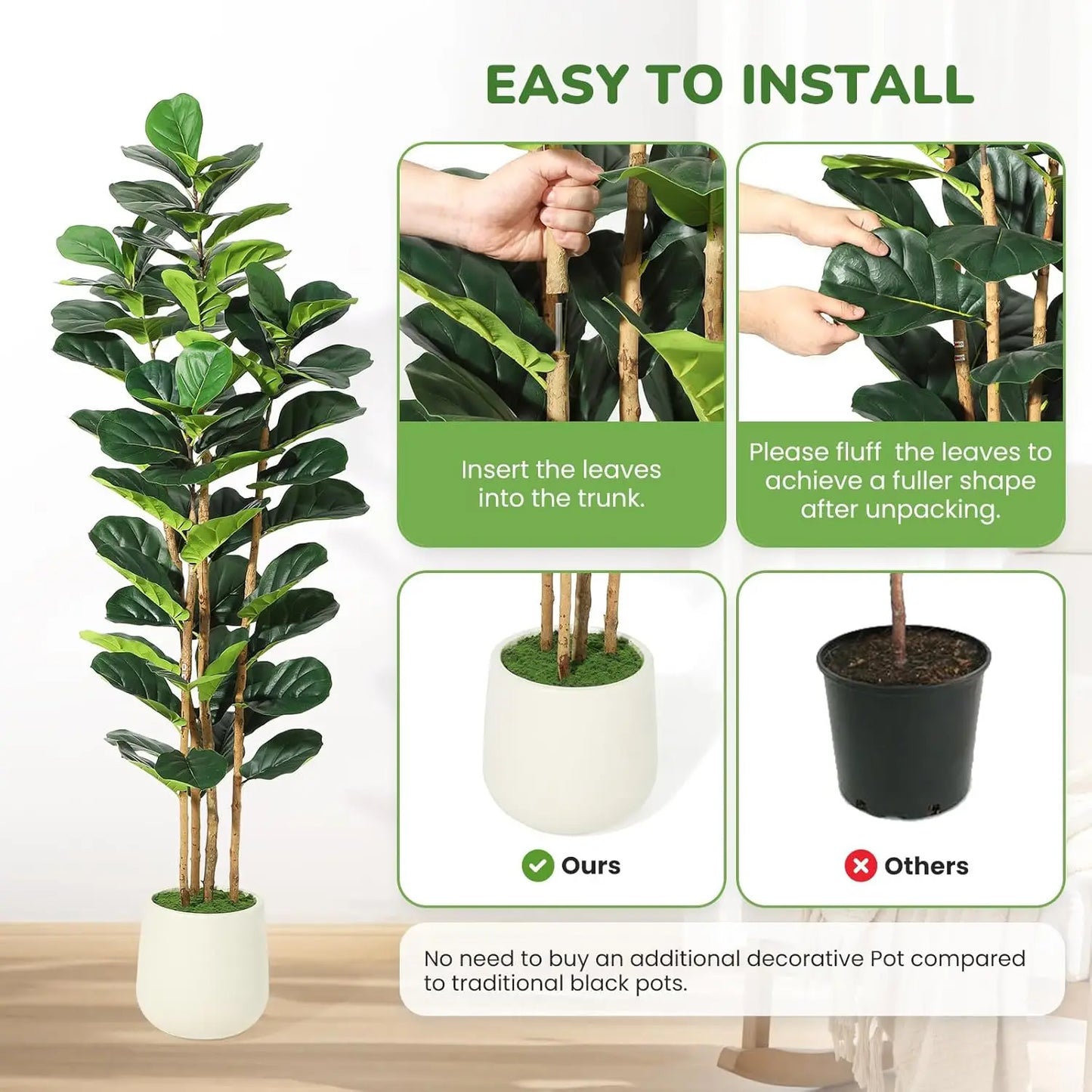 HiMISSCN Fiddle Leaf Fig Tree With Pot Realistic Faux Plant