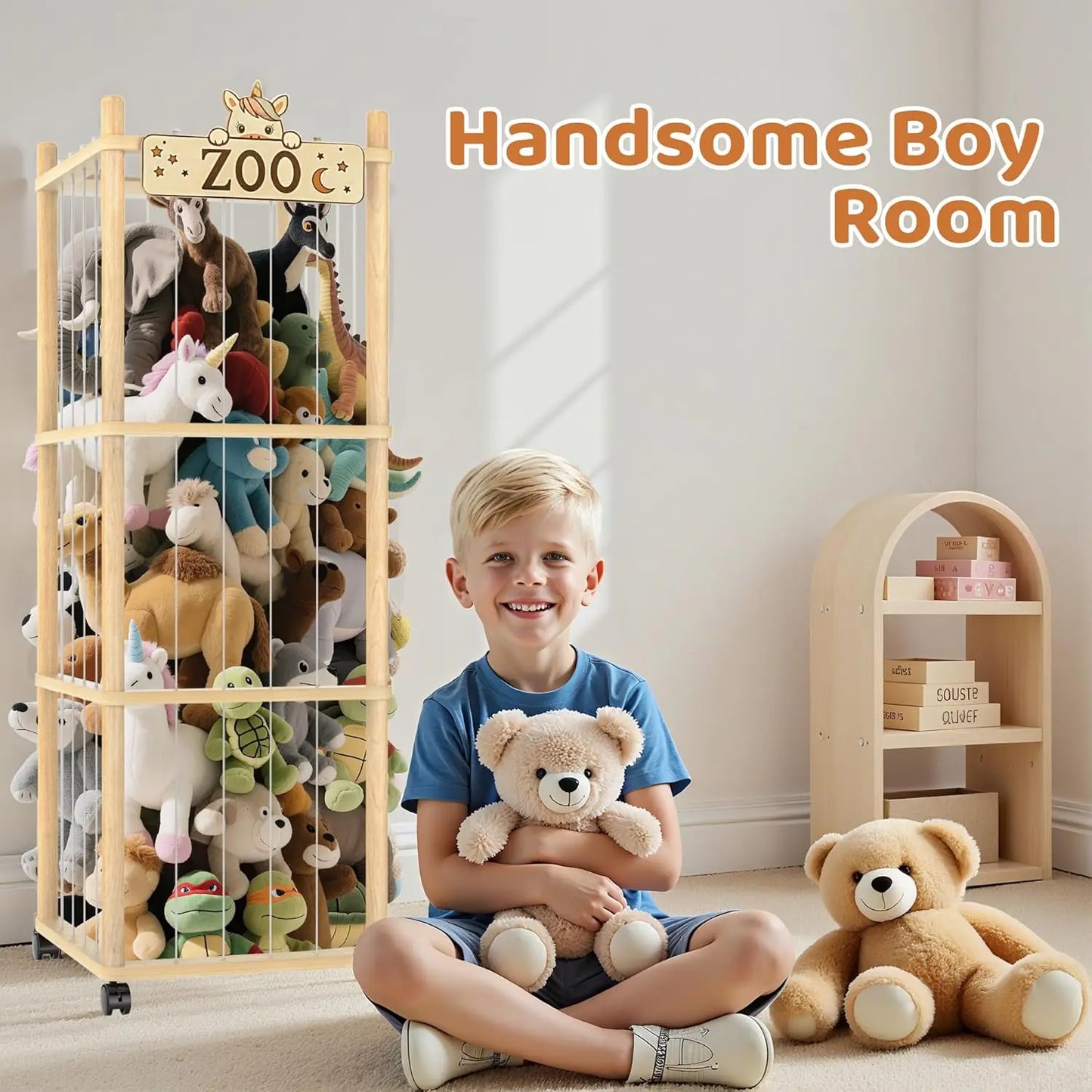 56-Inch Wooden Stuffed Animal Storage Tower with Wheels, Plush Toy Organizer for Playroom Bedroom