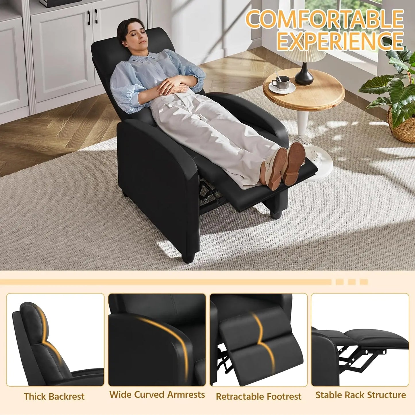 PU Leather Recliner Chair With Lumbar Support For Living Room