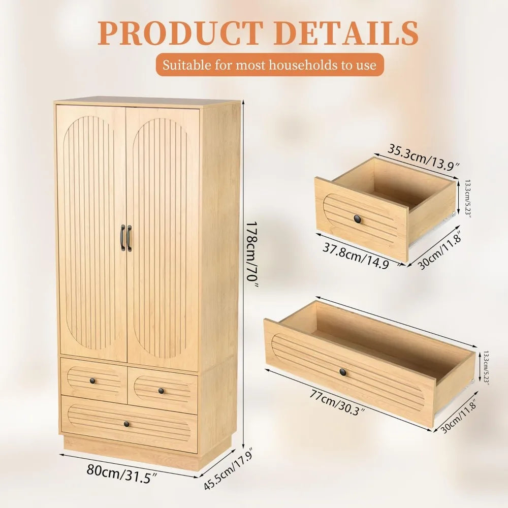 Large Wood Armoire Wardrobe Closet with Doors Fluted Design 3 Drawers Tall Clothing Storage Cabinet for Bedroom ，Customized