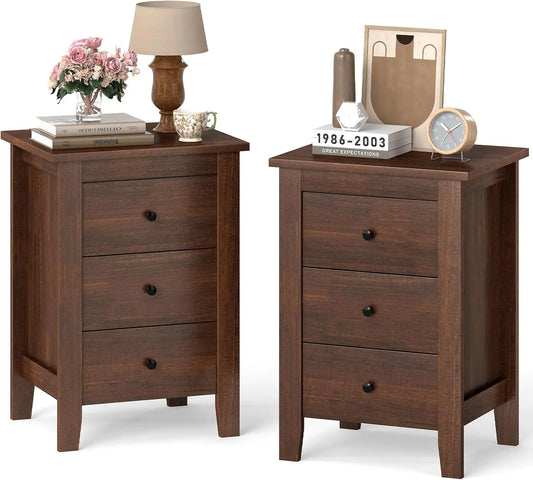 Set Of 2 Wood Nightstands With 3 Drawers And Storage