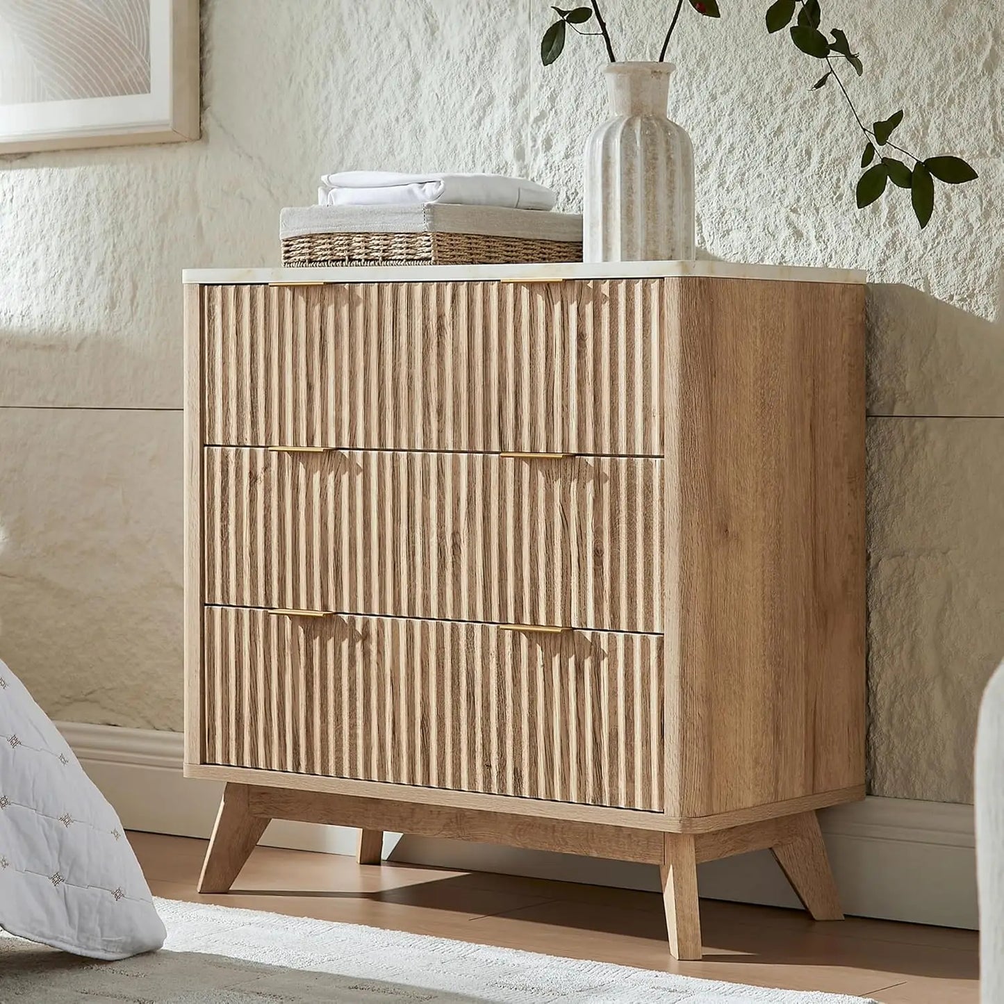 Fluted Six Drawer Dresser With Faux Marble Top