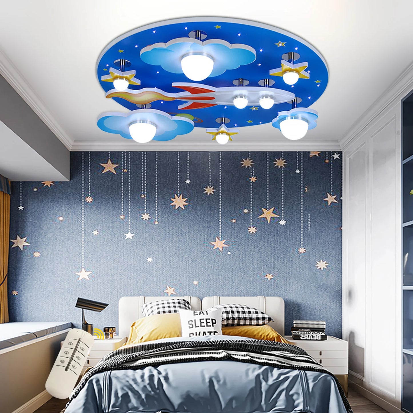 Wood LED Ceiling Light Dimmable Cosmic Stars Kids Room Fixture